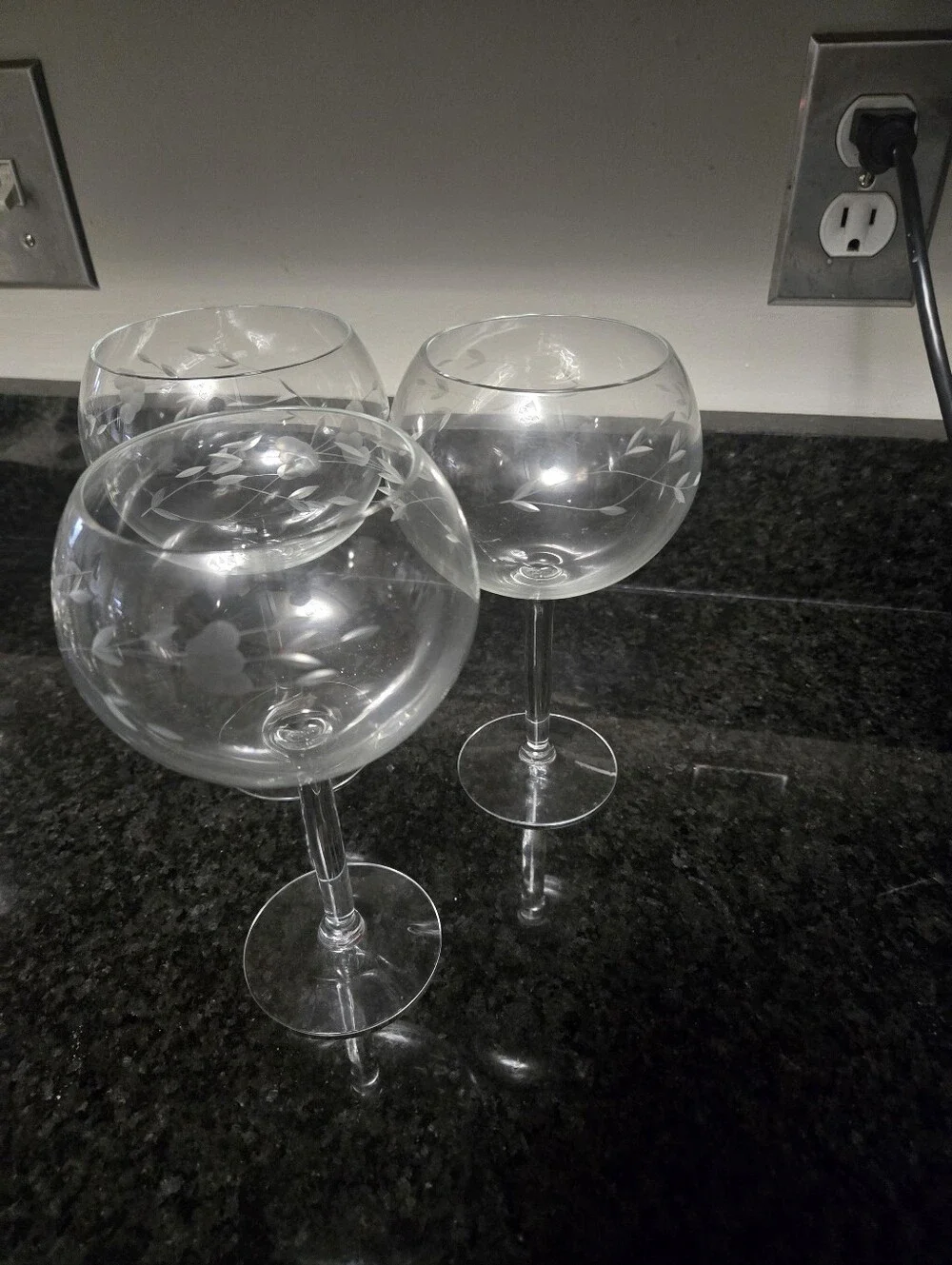 Princess House Etched Clear Glass Goblet Set 3— Elegant Clear Wine Glasses